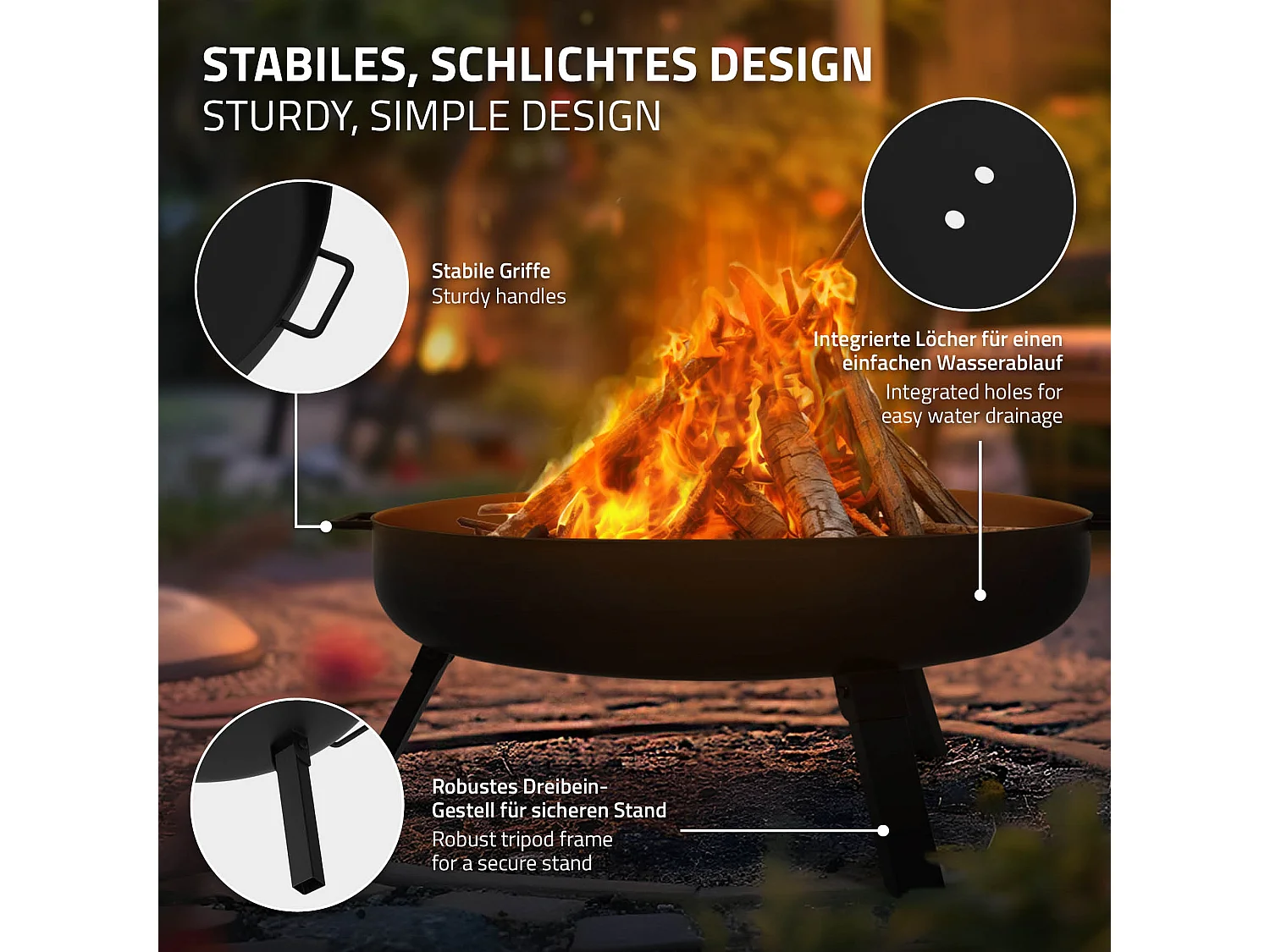 Bol à feu basero acier noir avec 3 pieds pliables foyer grille barbecue Ø60x27cm