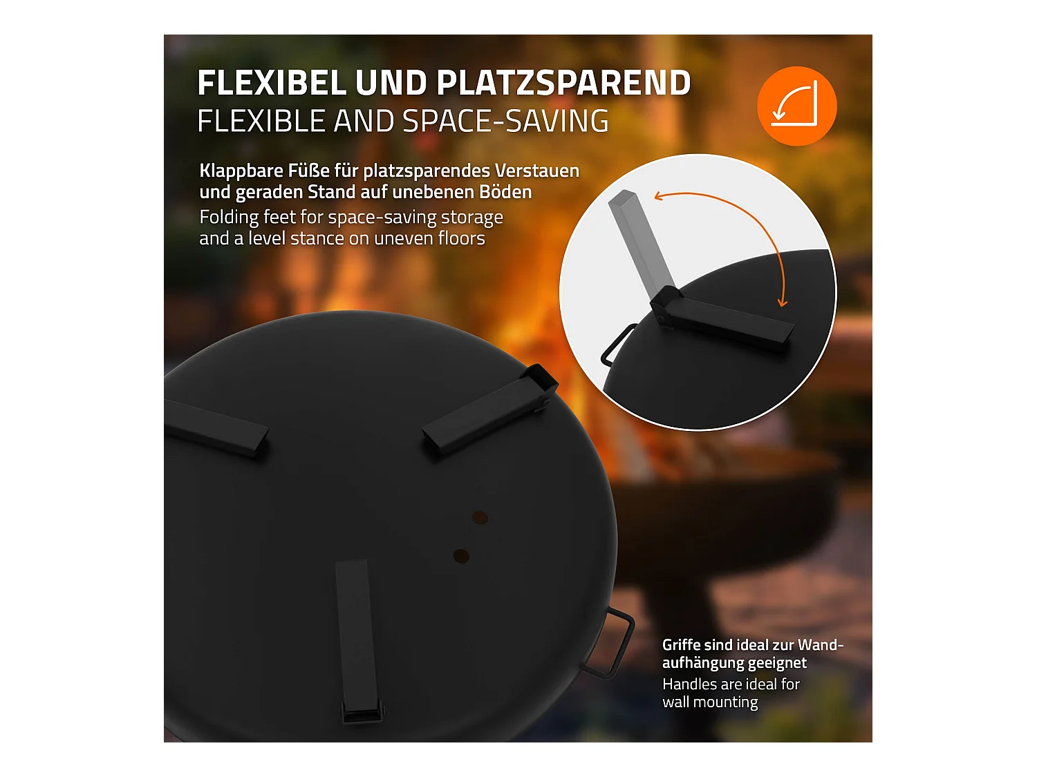 Bol à feu basero acier noir avec 3 pieds pliables foyer grille barbecue Ø60x27cm