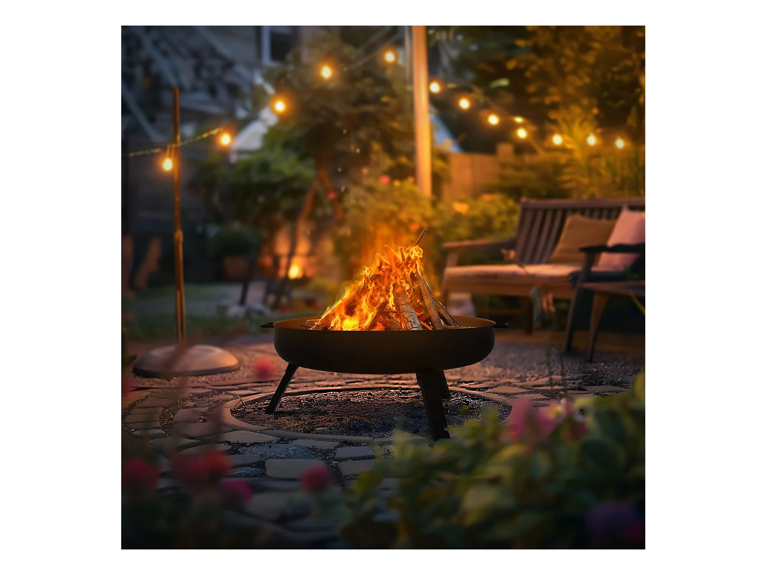 Bol à feu basero acier noir avec 3 pieds pliables foyer grille barbecue Ø60x27cm