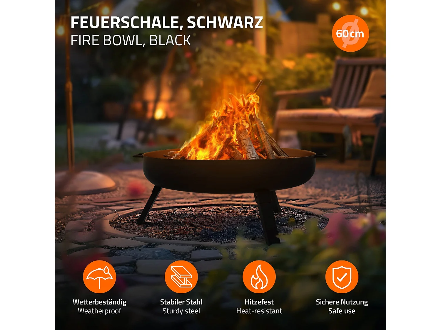 Bol à feu basero acier noir avec 3 pieds pliables foyer grille barbecue Ø60x27cm