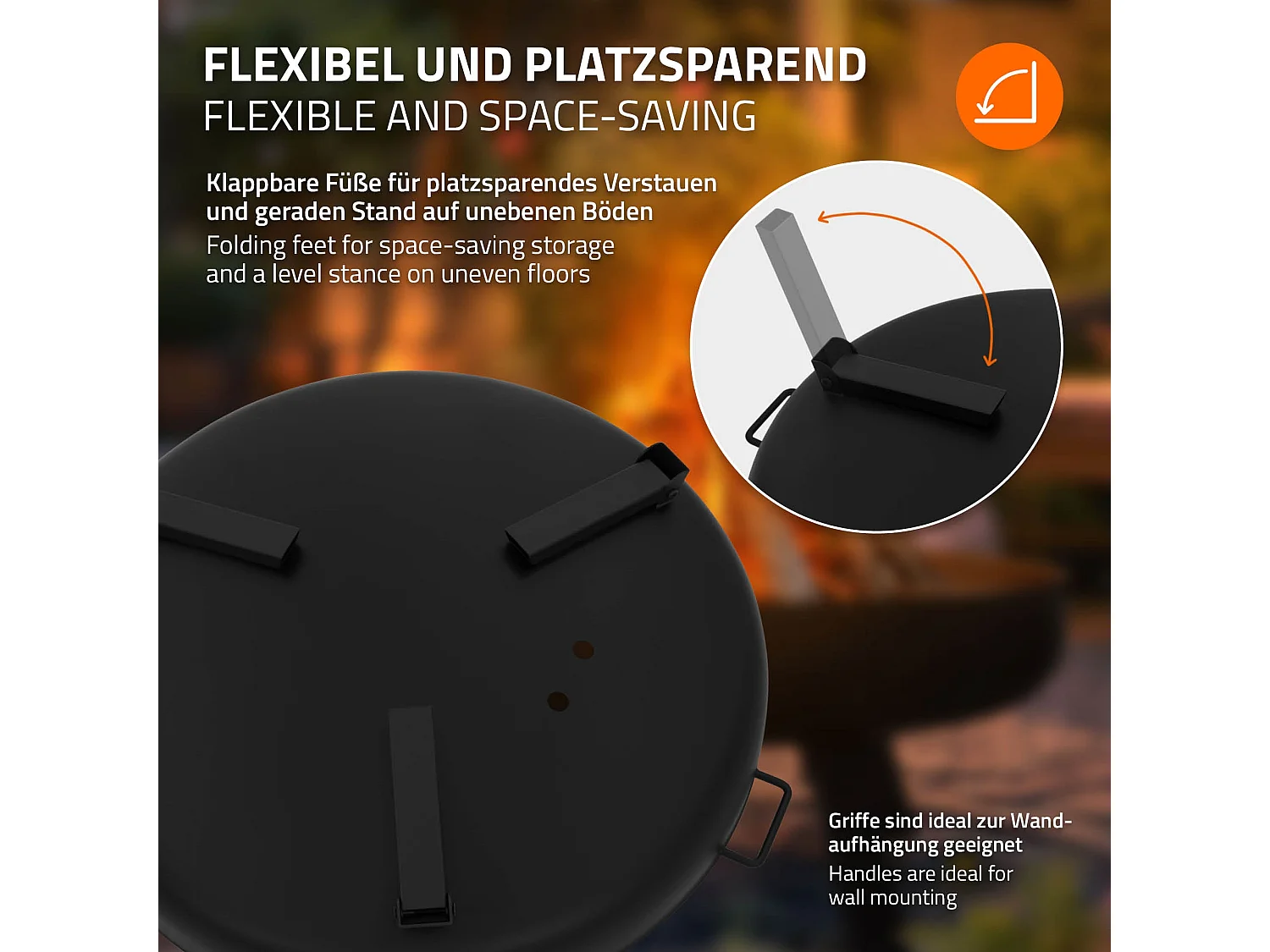 Bol à feu basero acier noir avec 3 pieds pliables foyer grille barbecue Ø60x27cm