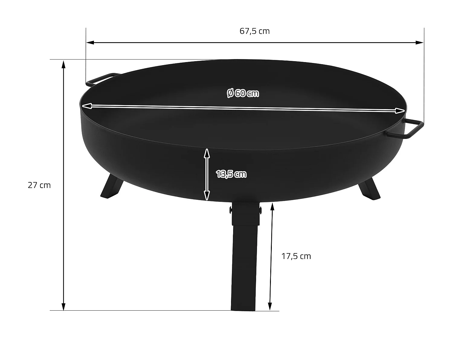 Bol à feu basero acier noir avec 3 pieds pliables foyer grille barbecue Ø60x27cm