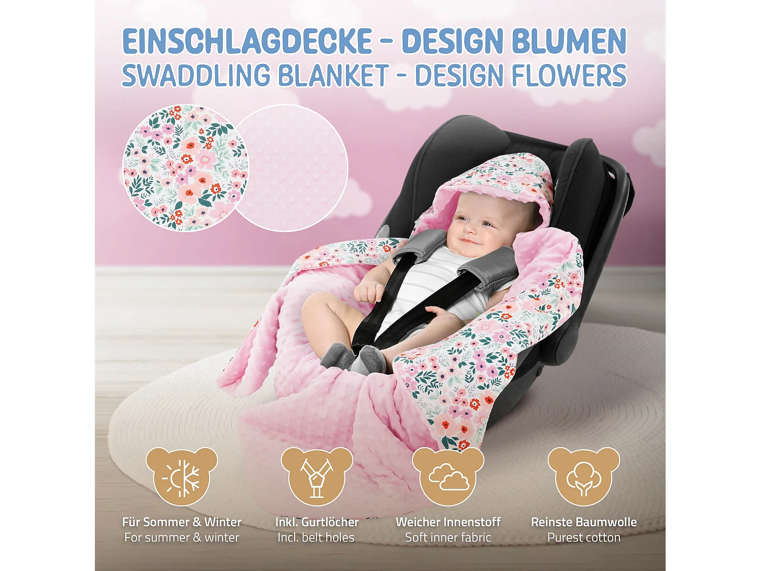 Coperta per neonati con cappuccio in cotone per seggiolino auto/passeggino fiori/rosa