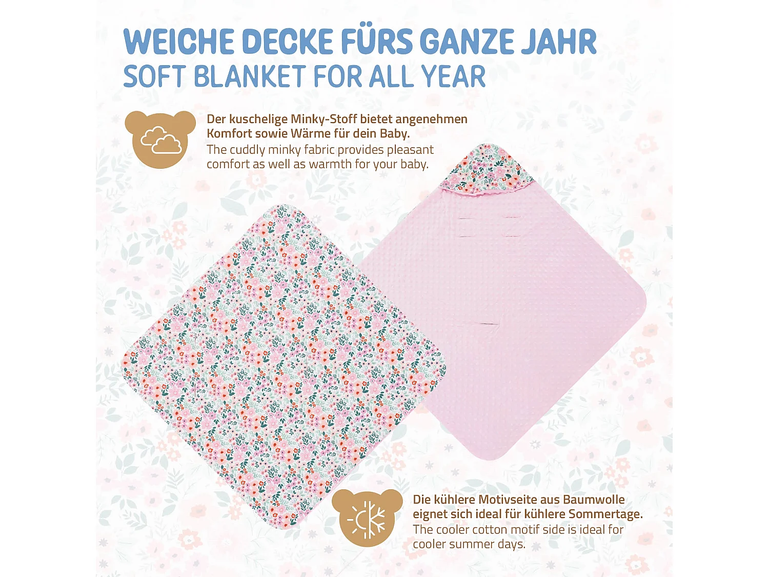 Coperta per neonati con cappuccio in cotone per seggiolino auto/passeggino fiori/rosa