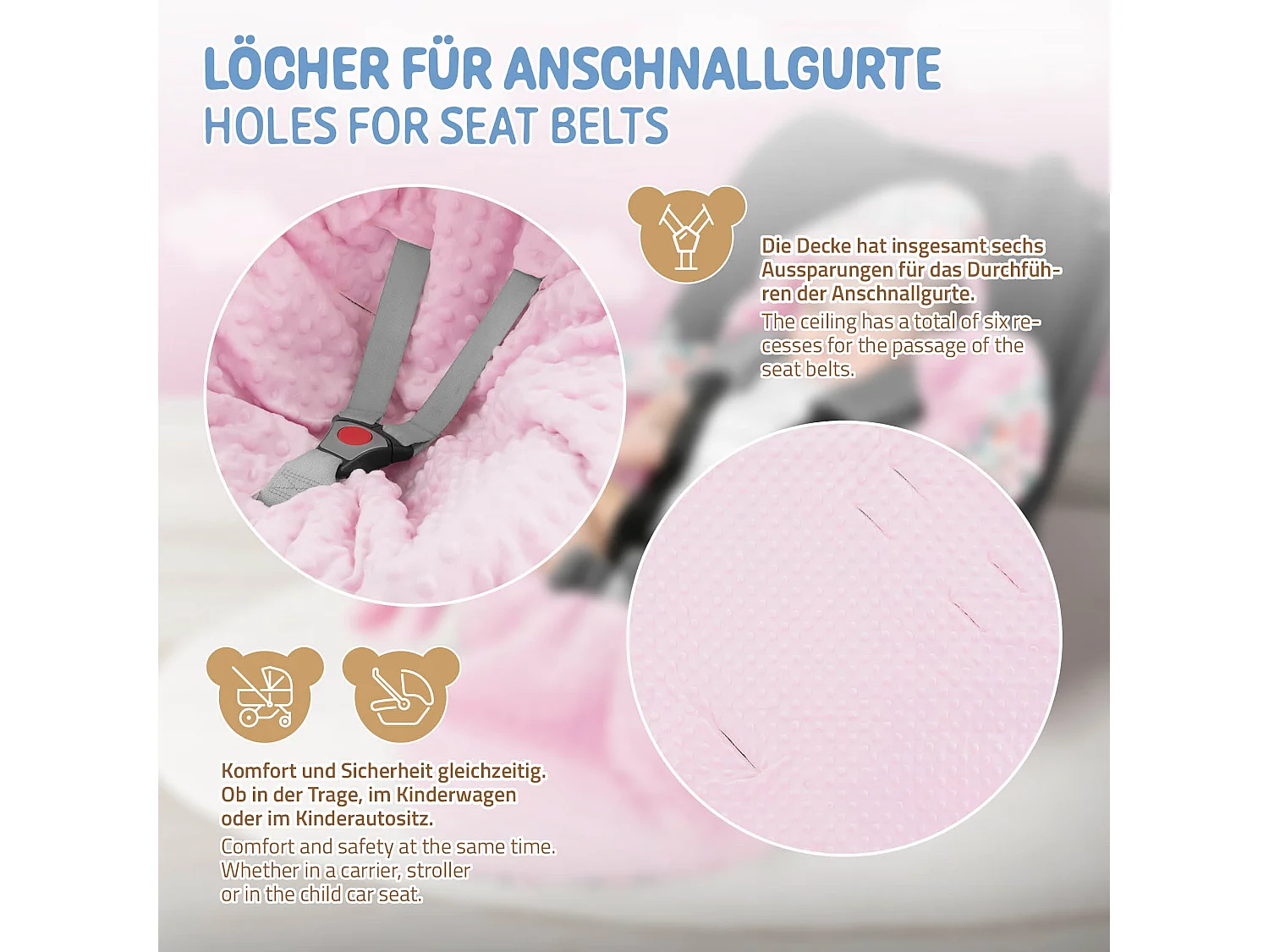 Coperta per neonati con cappuccio in cotone per seggiolino auto/passeggino fiori/rosa