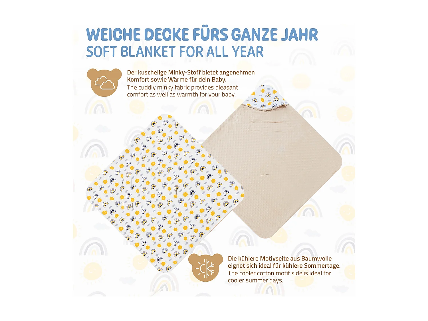 Couverture de bébé à capuche en coton siège auto/poussette arc-en-ciel/beige