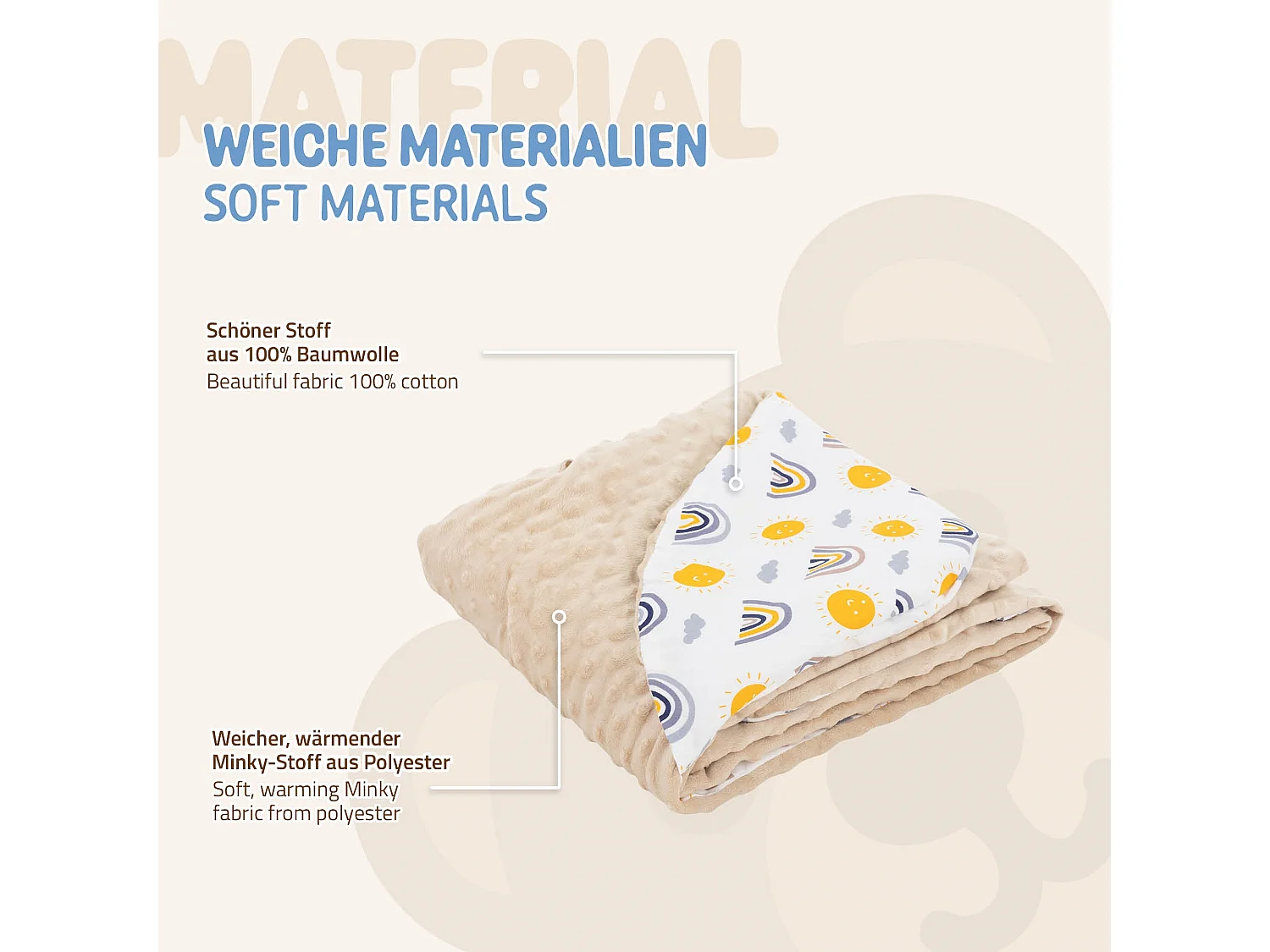 Couverture de bébé à capuche en coton siège auto/poussette arc-en-ciel/beige