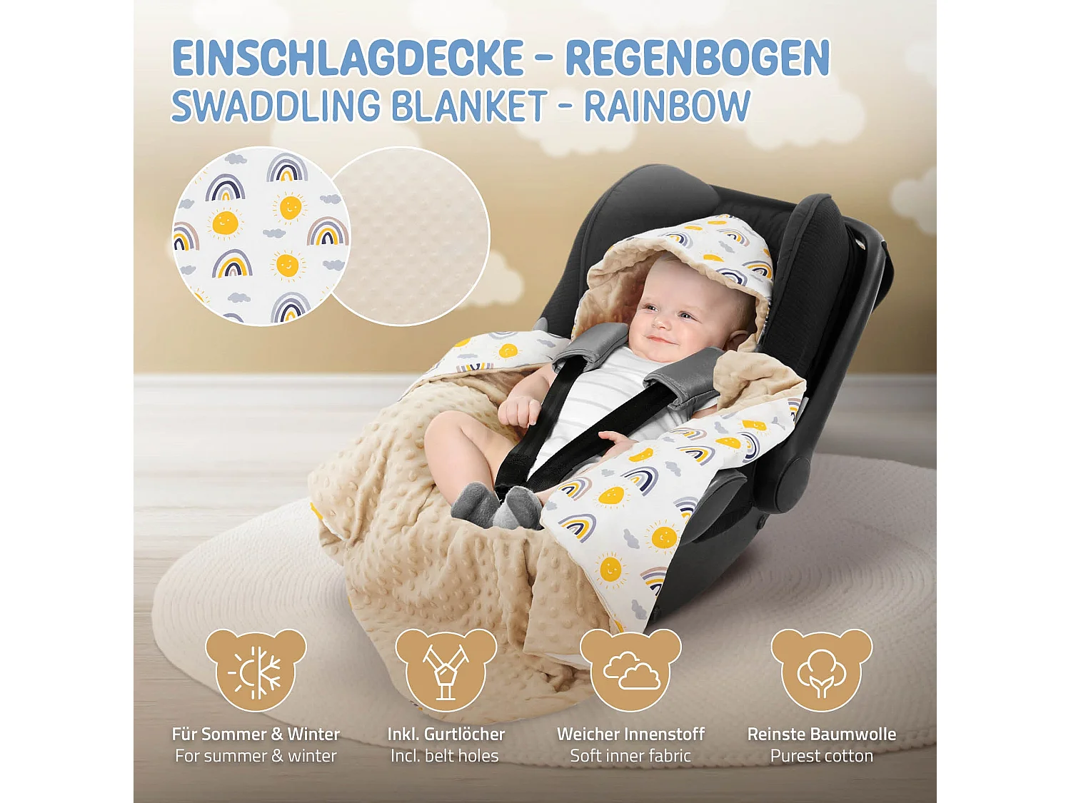 Couverture de bébé à capuche en coton siège auto/poussette arc-en-ciel/beige