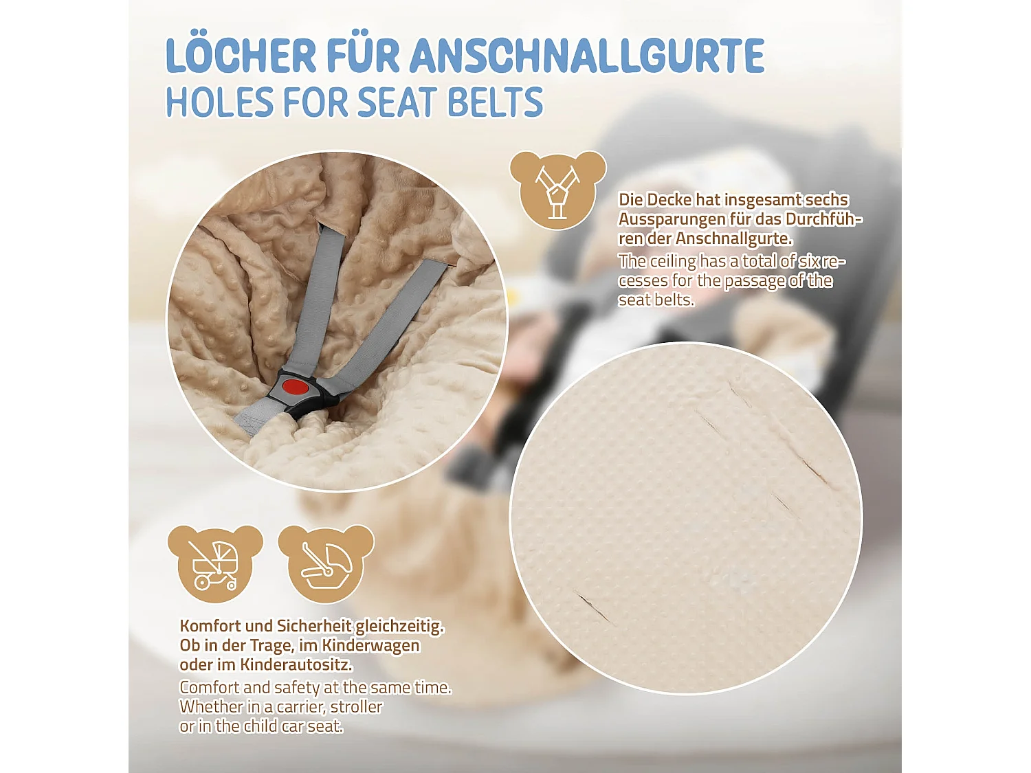 Couverture de bébé à capuche en coton siège auto/poussette arc-en-ciel/beige