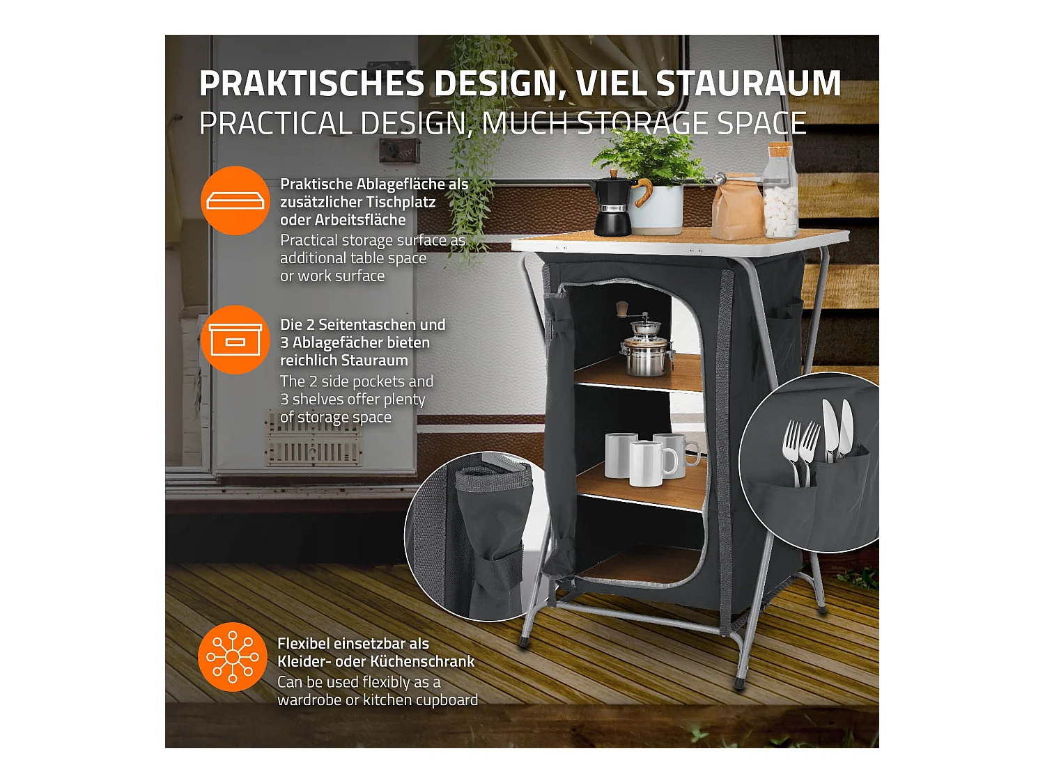 Armoire de camping pliable polyvalente chariot de service et voyage avec table