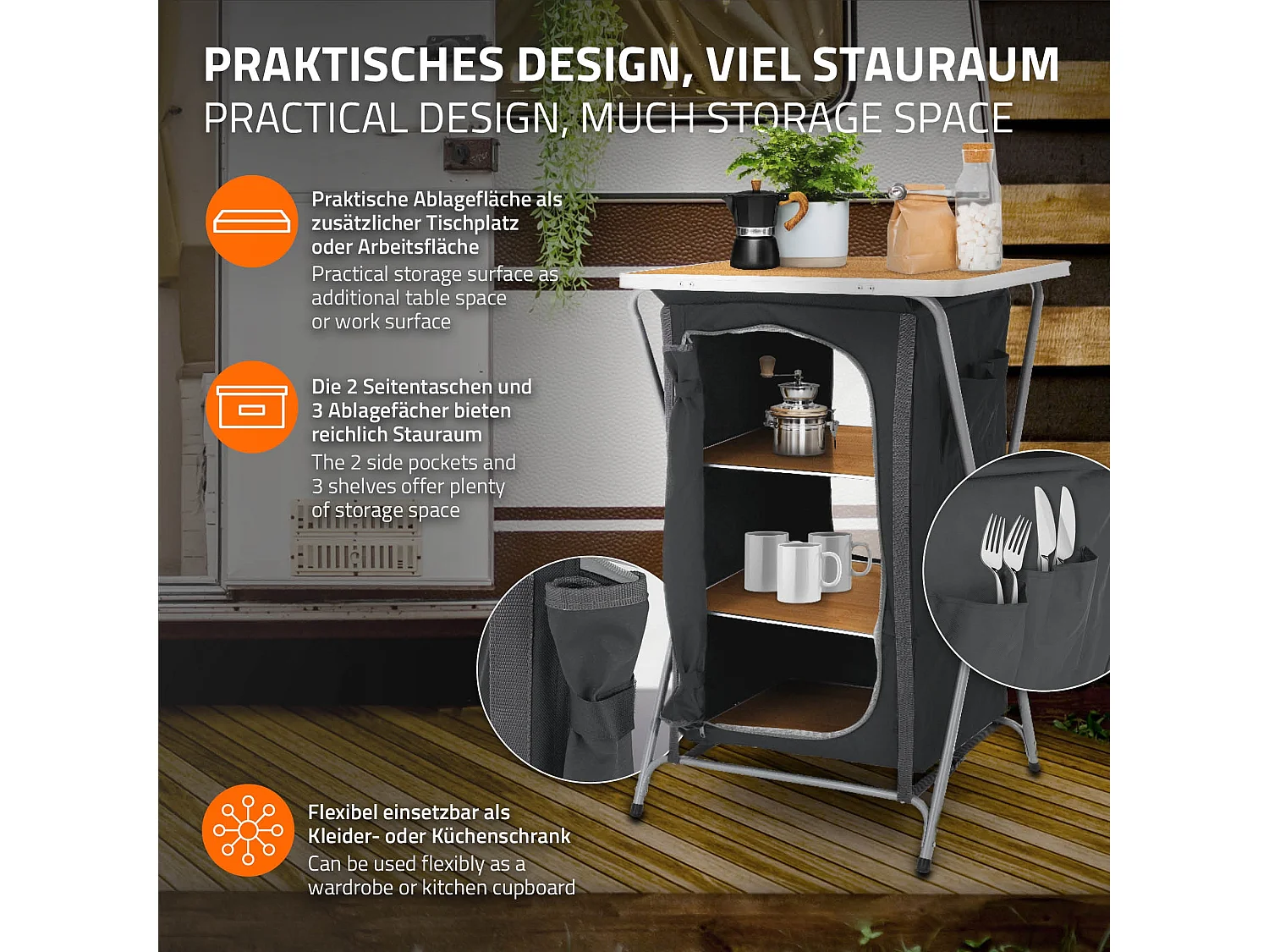 Armoire de camping pliable polyvalente chariot de service et voyage avec table