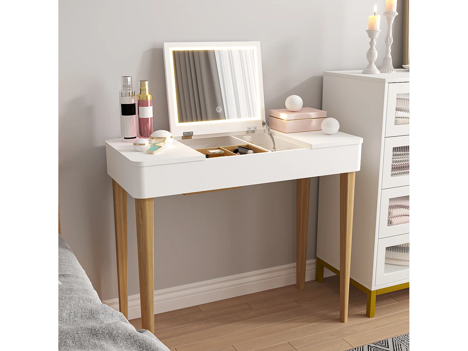 Kaptafel met spiegel, kaptafel met lamp, poten van massief hout, wit