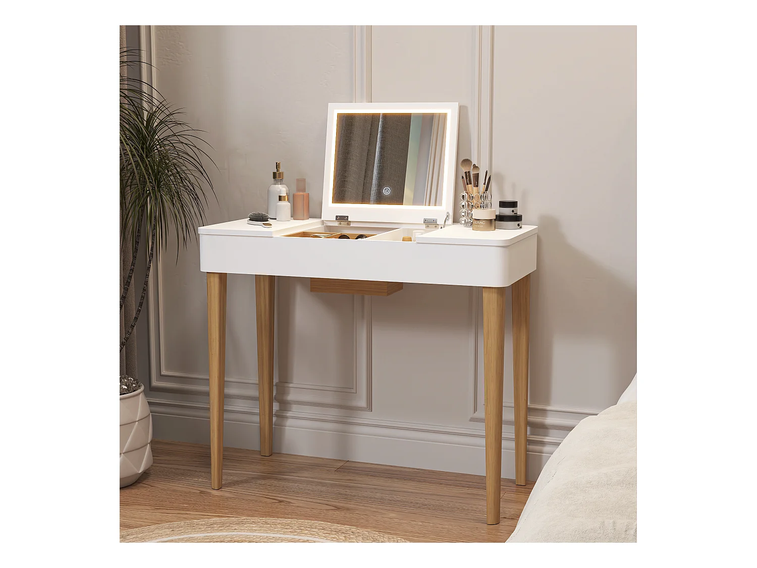 Kaptafel met spiegel, kaptafel met lamp, poten van massief hout, wit