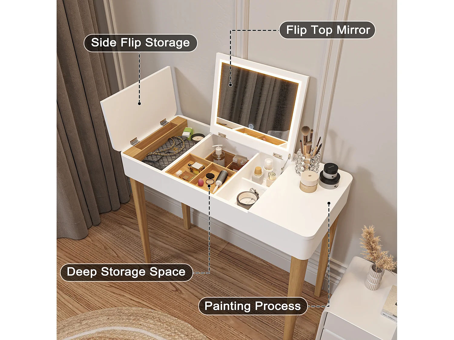 Kaptafel met spiegel, kaptafel met lamp, poten van massief hout, wit