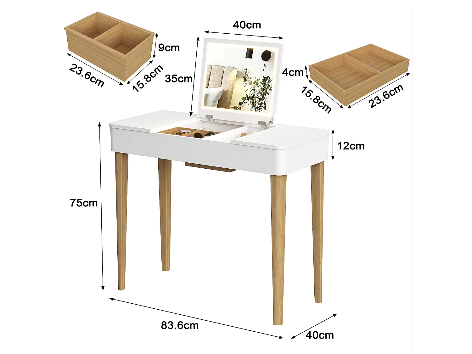 Kaptafel met spiegel, kaptafel met lamp, poten van massief hout, wit