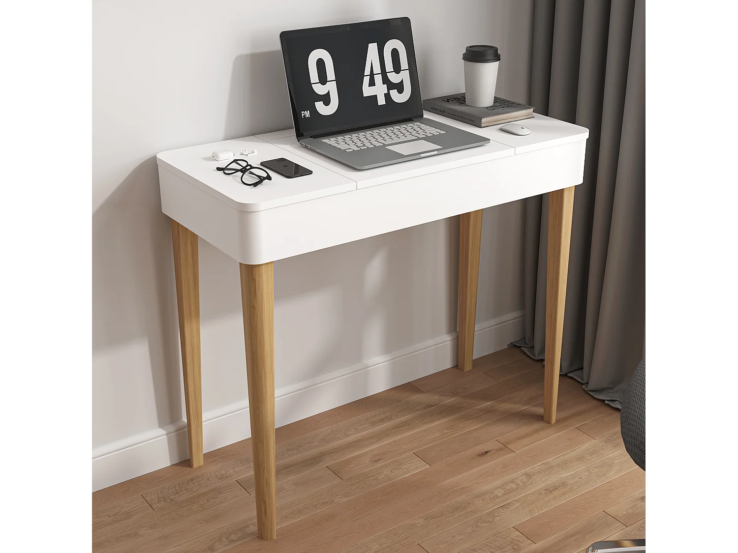 Kaptafel met spiegel, kaptafel met lamp, poten van massief hout, wit