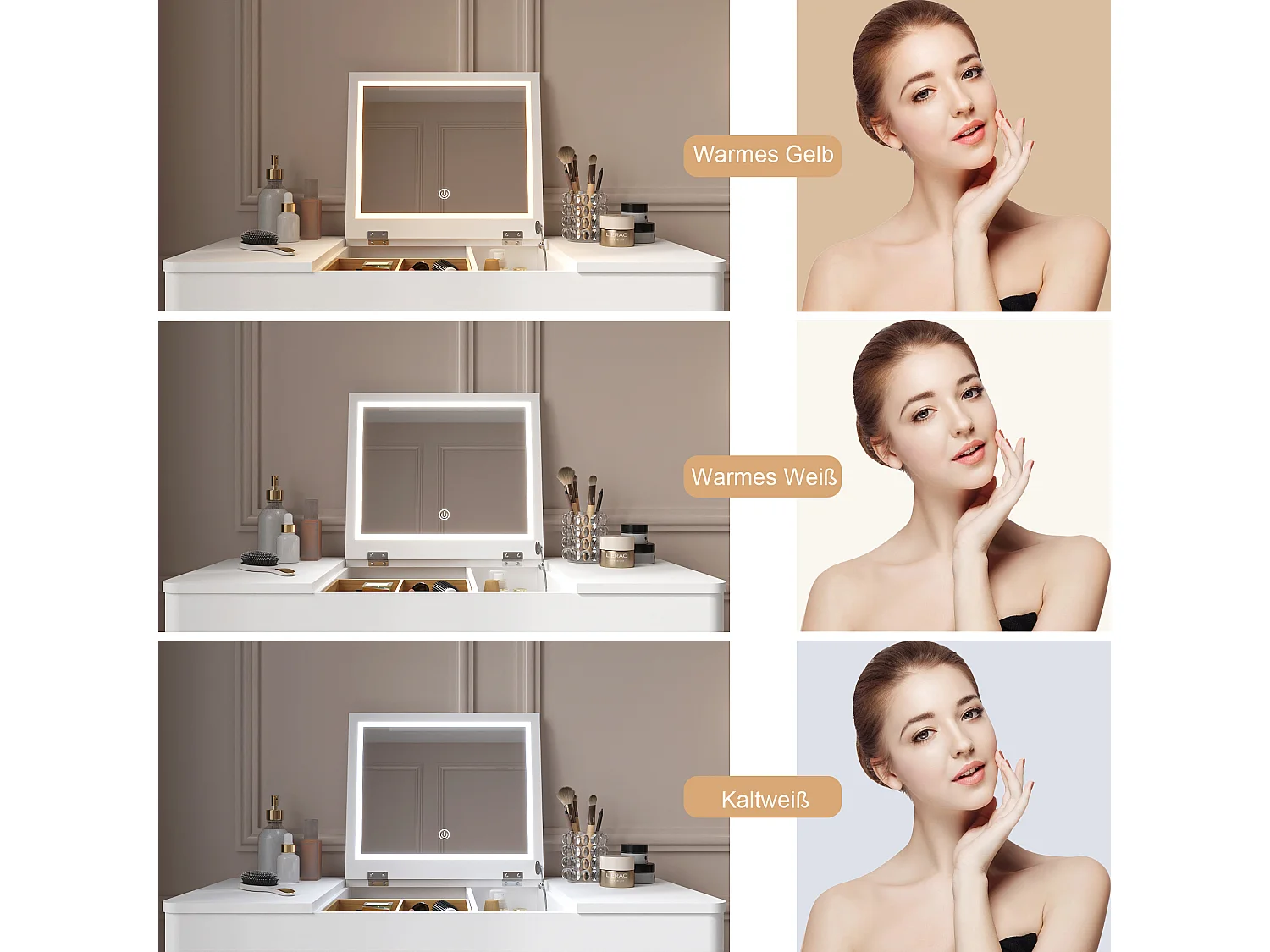 Kaptafel met spiegel, kaptafel met lamp, poten van massief hout, wit