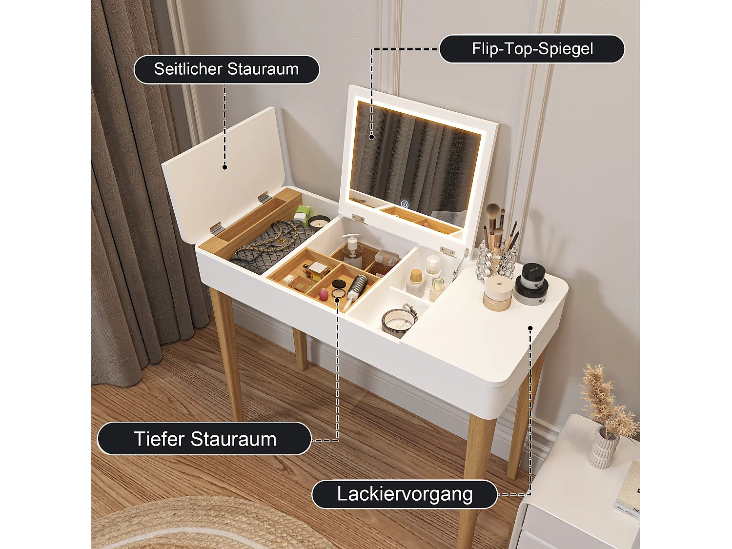 Kaptafel met spiegel, kaptafel met lamp, poten van massief hout, wit