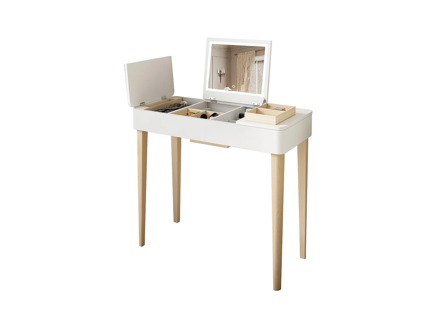 Coiffeuse avec miroir, coiffeuse avec lampe, Pieds en bois massif, Blanche