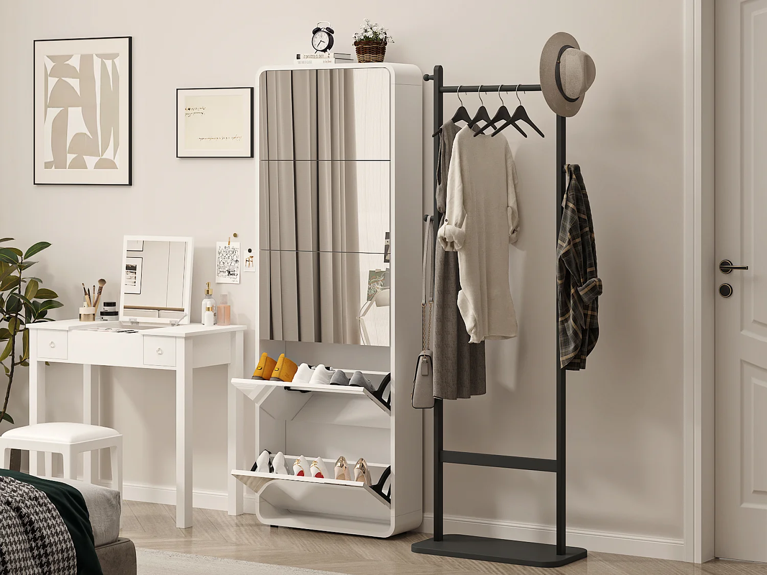 Scarpiera a specchio con 5 cassetti girevoli, scarpiera a specchio con design ad arco, organizer per scarpe basculante indipendente, ingresso, bianco