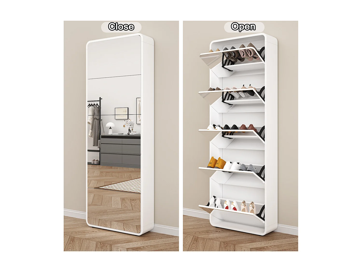 Scarpiera a specchio con 5 cassetti girevoli, scarpiera a specchio con design ad arco, organizer per scarpe basculante indipendente, ingresso, bianco