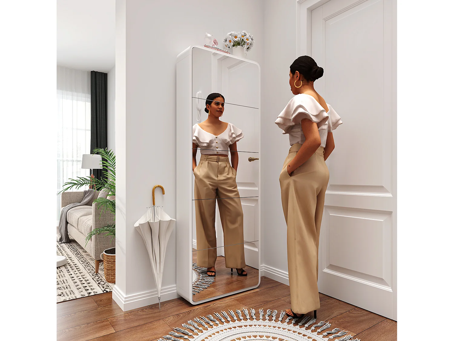 Scarpiera a specchio con 5 cassetti girevoli, scarpiera a specchio con design ad arco, organizer per scarpe basculante indipendente, ingresso, bianco