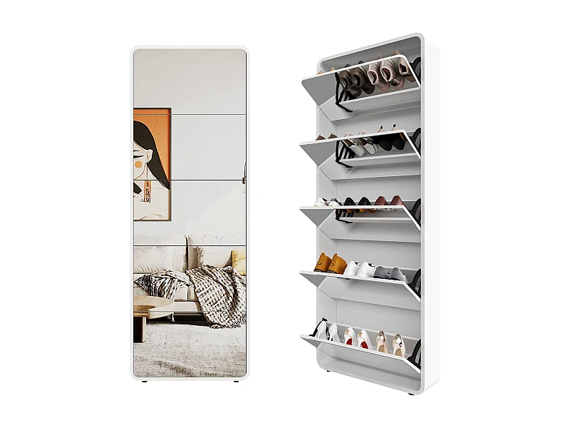Scarpiera a specchio con 5 cassetti girevoli, scarpiera a specchio con design ad arco, organizer per scarpe basculante indipendente, ingresso, bianco