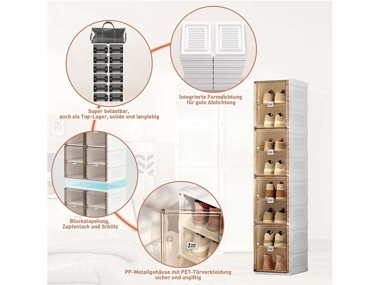 Armário de sapatos portátil para sala de estar, armário de arrumação empilhável com portas e prateleiras, caixa de sapatos para armário