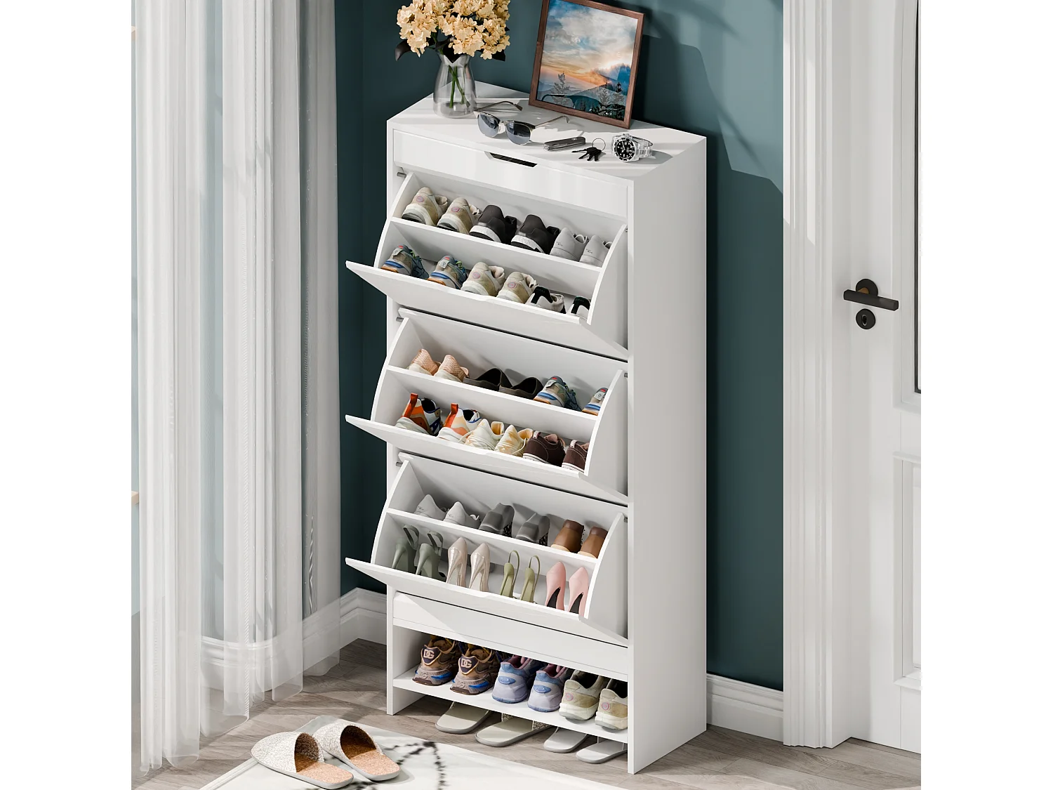 Meuble à chaussures à 3 tiroirs, meuble à chaussures en bois avec étagère coulissante sur le dessus, 2 niveaux, blanc