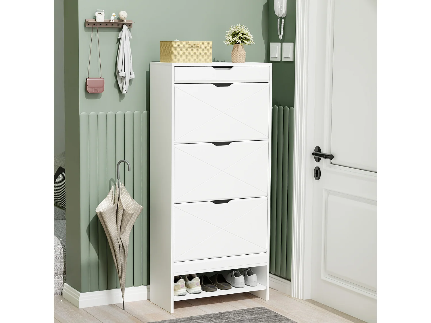 Meuble à chaussures à 3 tiroirs, meuble à chaussures en bois avec étagère coulissante sur le dessus, 2 niveaux, blanc