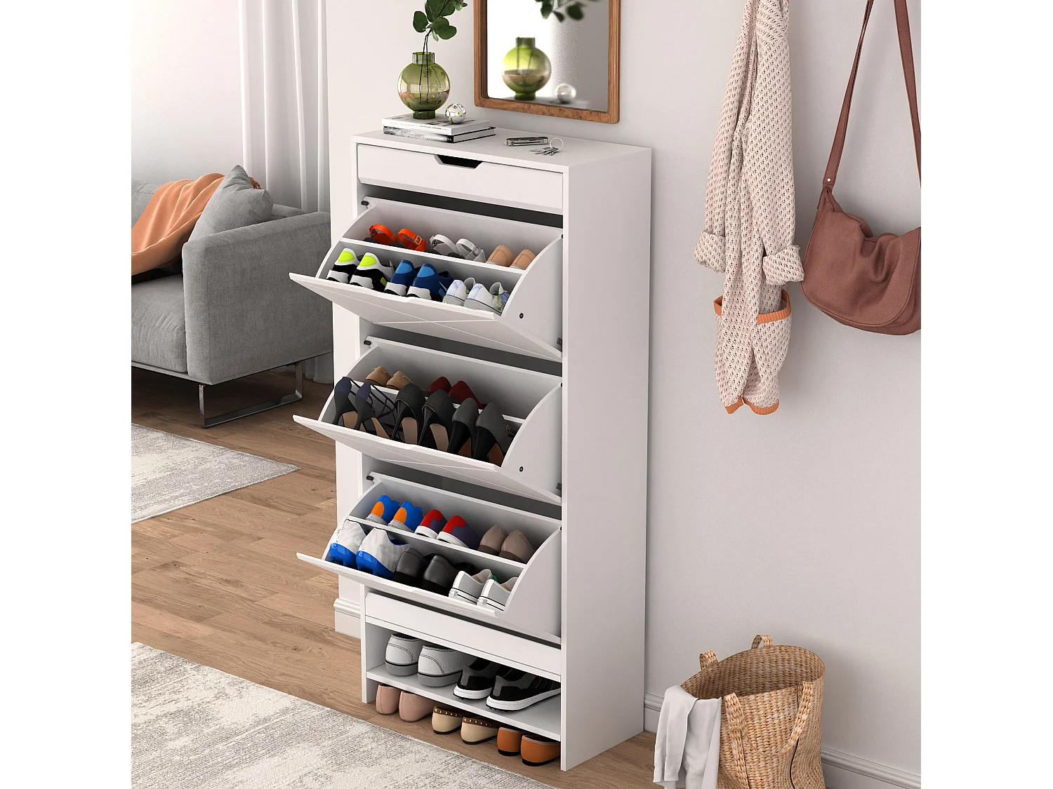 Meuble à chaussures à 3 tiroirs, meuble à chaussures en bois avec étagère coulissante sur le dessus, 2 niveaux, blanc