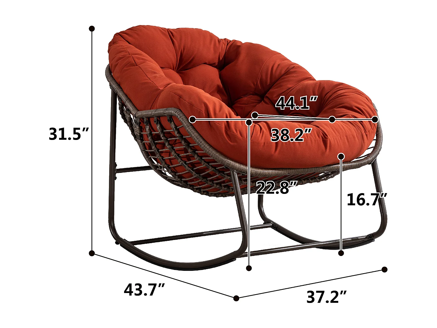 Rattan-Schaukelstuhl für den Außenbereich, Schaukelstuhl mit gepolstertem Kissen für den Außenbereich, für Veranda, Wohnzimmer, Terrasse, Garten, Orange