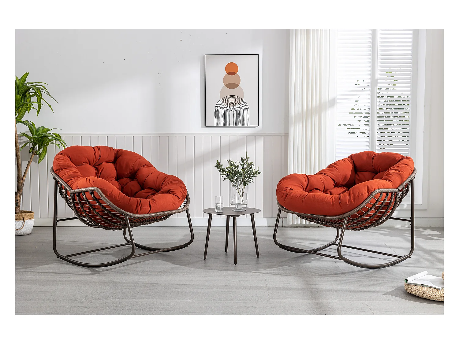 Buiten Rotan Schommelstoel, Schommelstoel met Gevoerd Kussen Buiten Patio Tuin Veranda Woonkamer Oranje