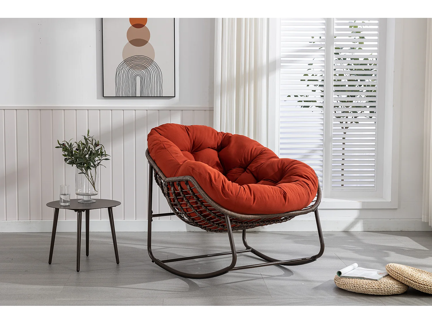 Buiten Rotan Schommelstoel, Schommelstoel met Gevoerd Kussen Buiten Patio Tuin Veranda Woonkamer Oranje