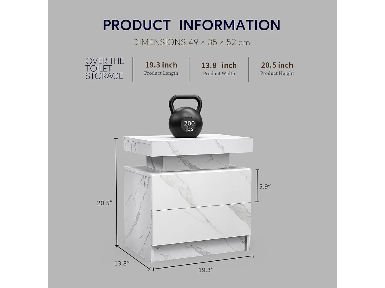 Mesa de cabeceira, mesa de cabeceira LED, iluminação de armário, mesa de apoio moderna com 2 gavetas para quarto (pedra branca)