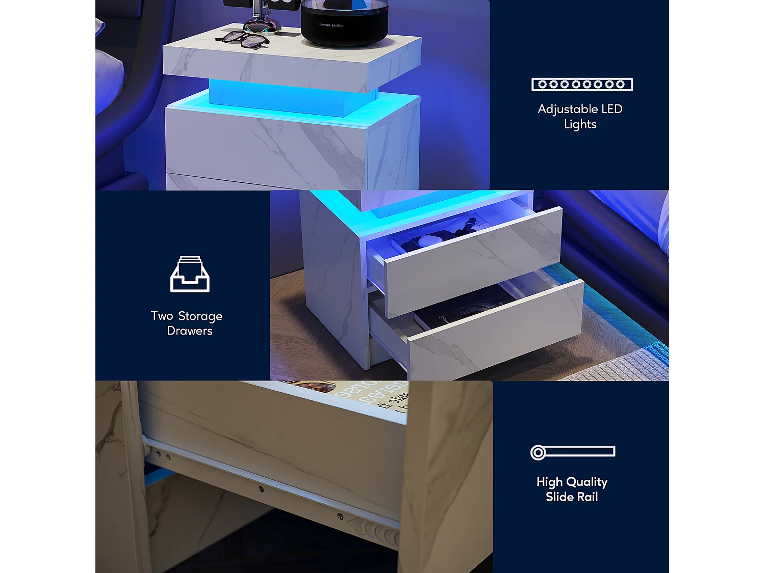 Table de chevet à LED avec éclairage d'appoint moderne et 2 tiroirs pour chambre à coucher (pierre blanche)