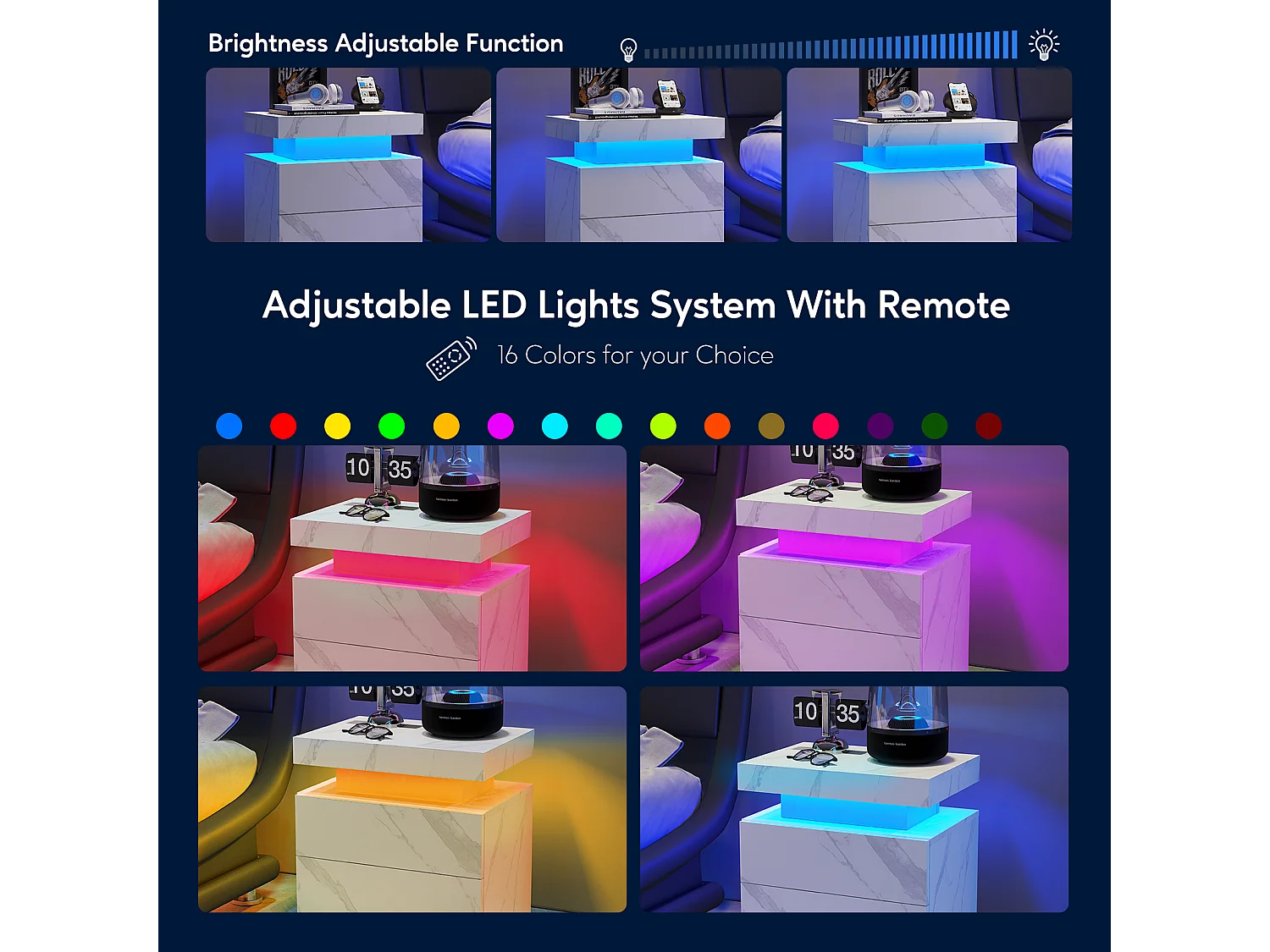 Table de chevet à LED avec éclairage d'appoint moderne et 2 tiroirs pour chambre à coucher (pierre blanche)