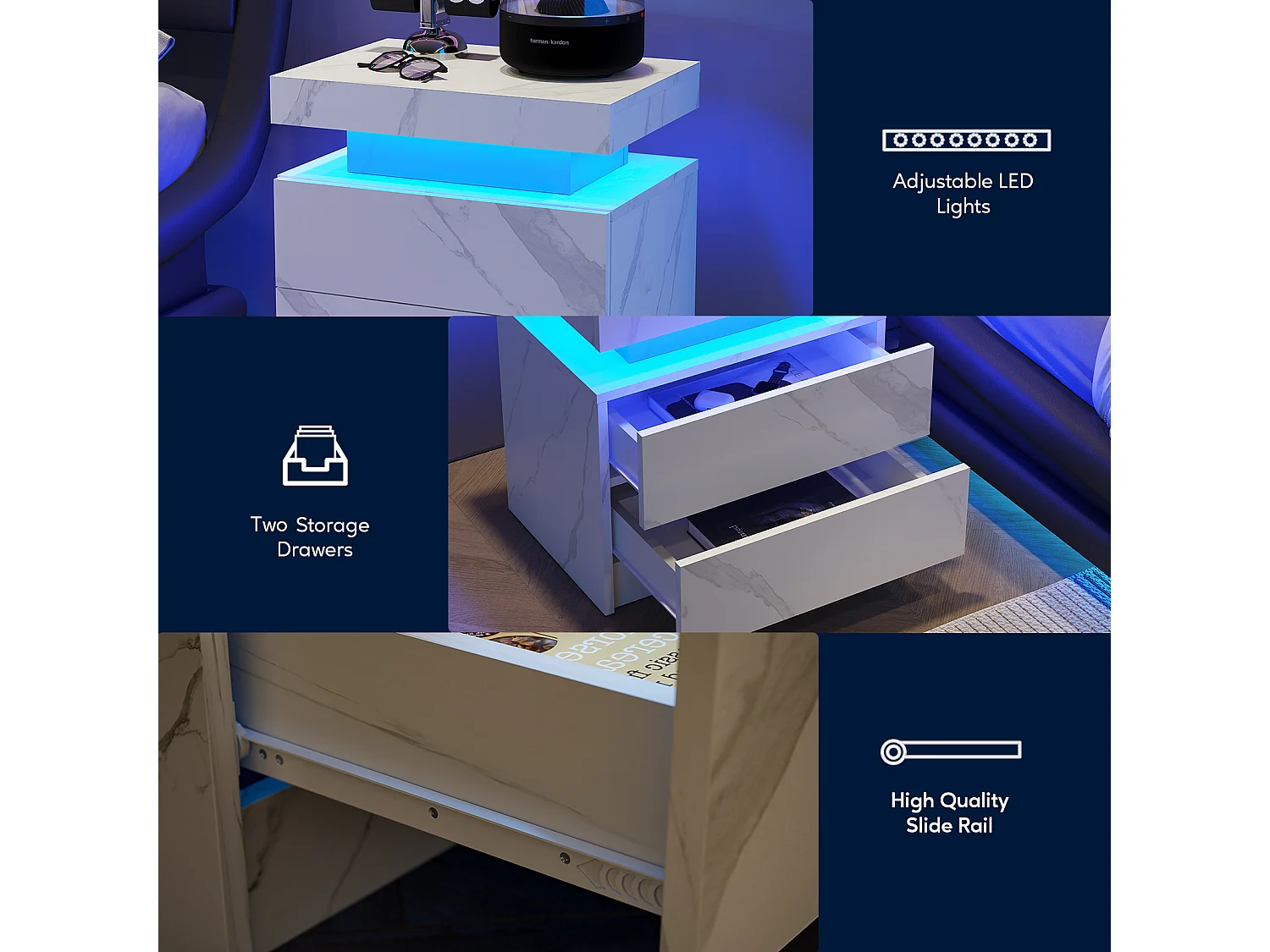 Mesa de cabeceira, mesa de cabeceira LED, iluminação de armário, mesa de apoio moderna com 2 gavetas para quarto (pedra branca)