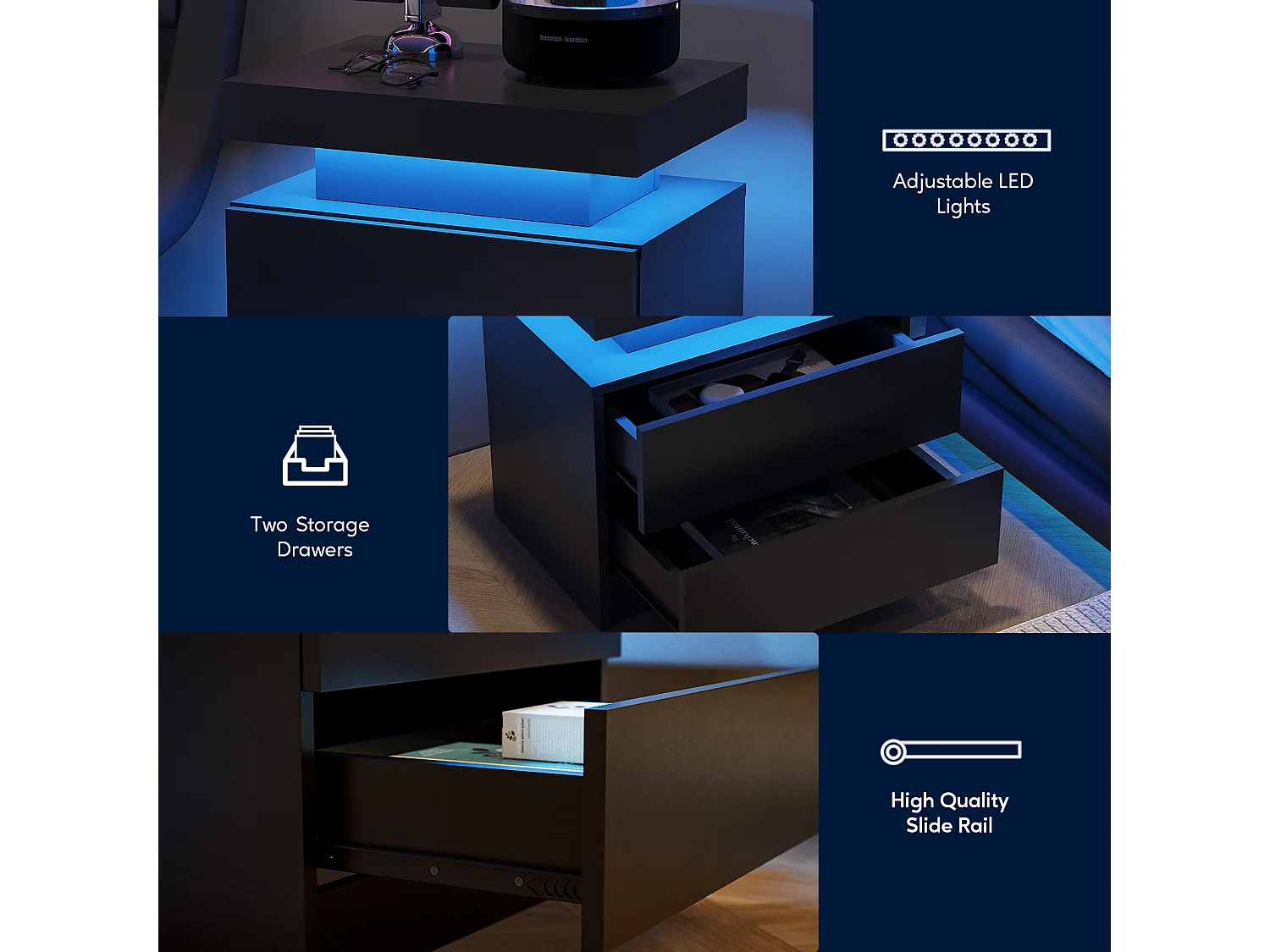 Table de chevet, table de chevet à LED, éclairage d'armoire, table d'appoint moderne avec 2 tiroirs pour chambre à coucher (noir)