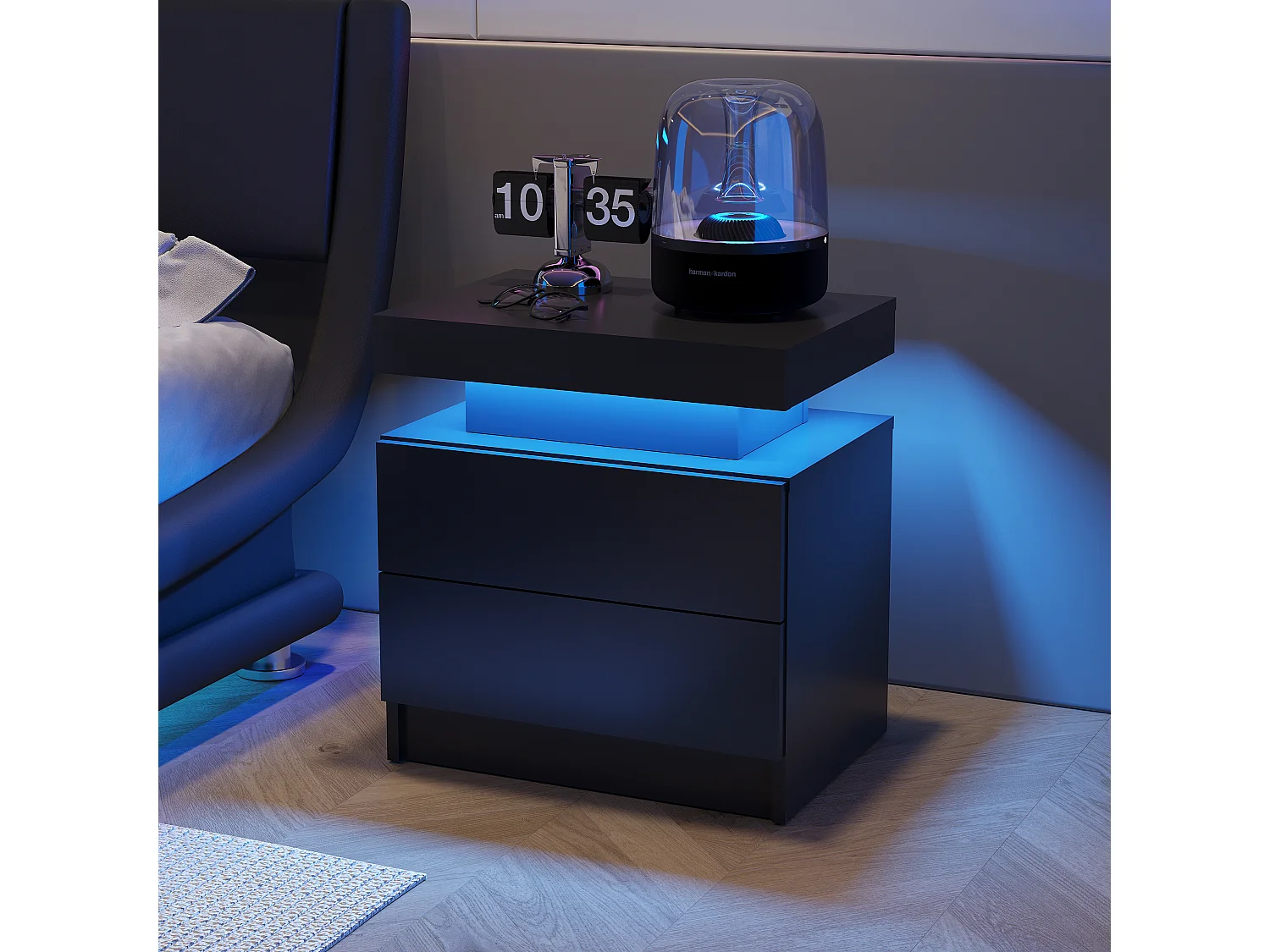 Table de chevet, table de chevet à LED, éclairage d'armoire, table d'appoint moderne avec 2 tiroirs pour chambre à coucher (noir)