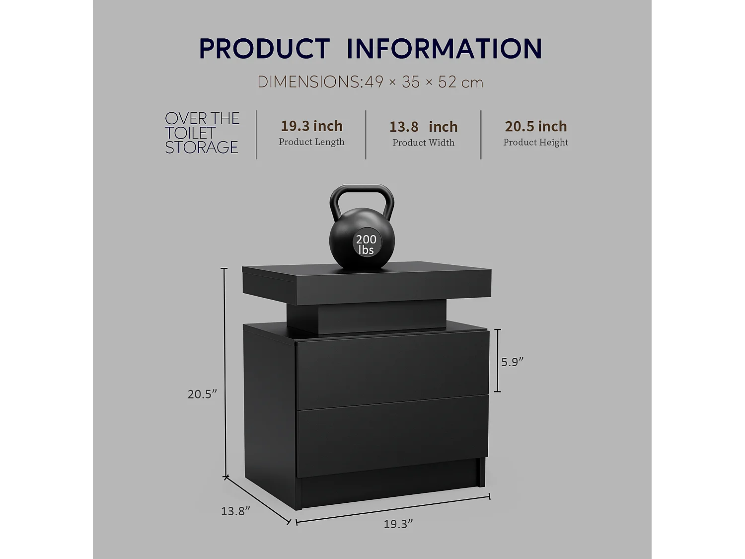 Mesita de noche, mesita de noche LED, iluminación de gabinete, mesa auxiliar moderna con 2 cajones para dormitorio (negro)