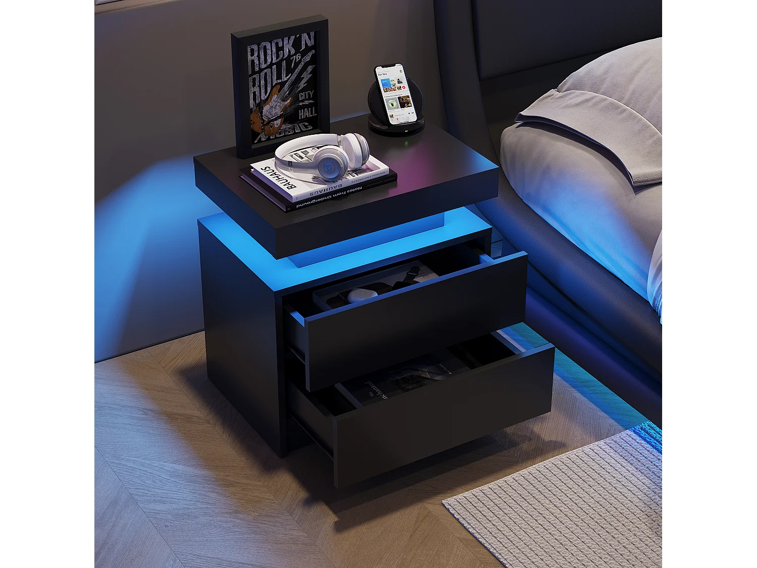 Table de chevet, table de chevet à LED, éclairage d'armoire, table d'appoint moderne avec 2 tiroirs pour chambre à coucher (noir)