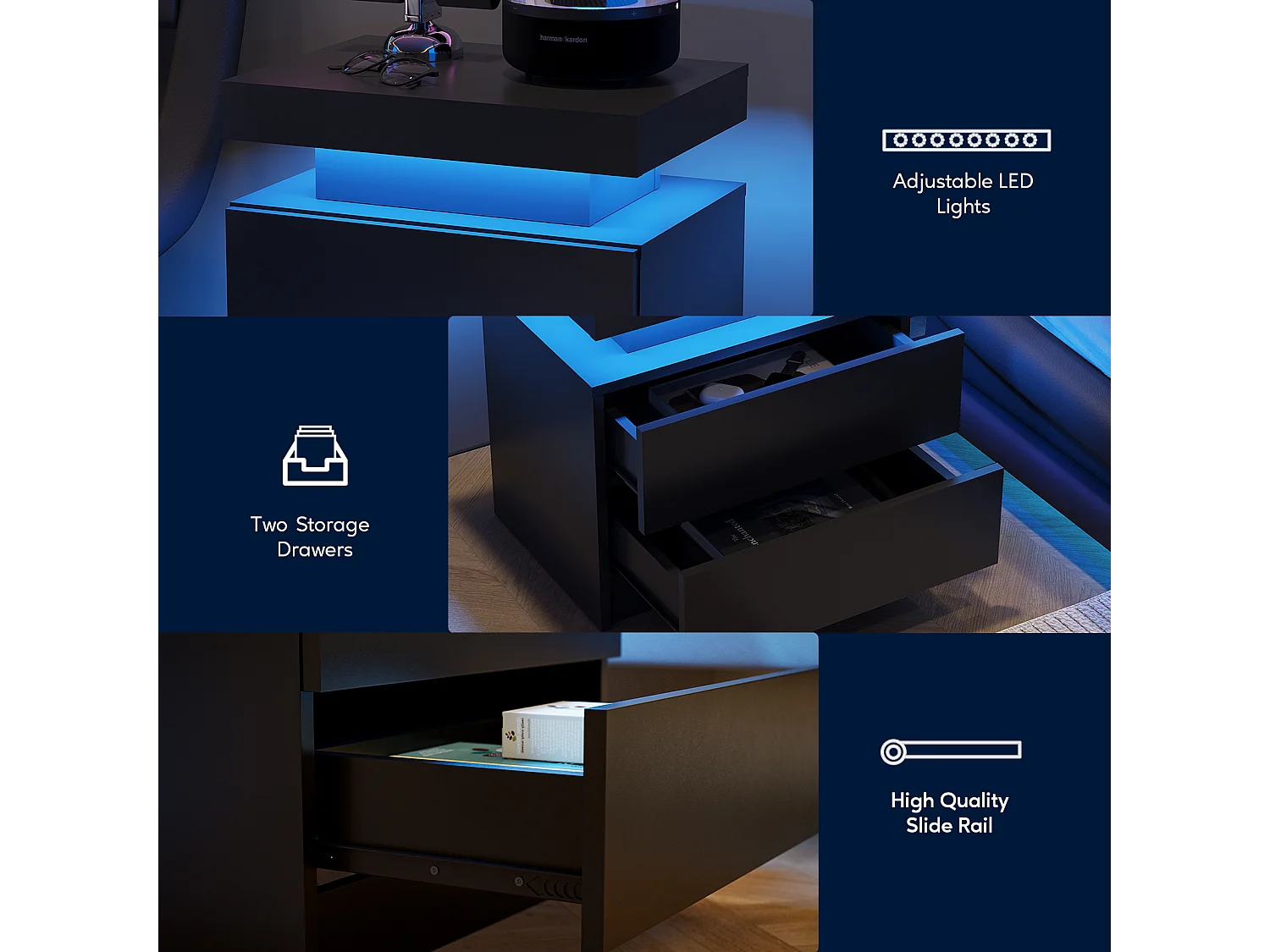 Table de chevet, table de chevet à LED, éclairage d'armoire, table d'appoint moderne avec 2 tiroirs pour chambre à coucher (noir)