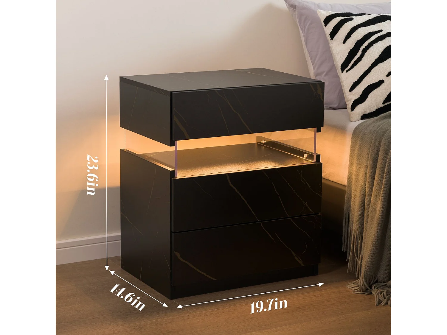 LED nachtkastjes, 3 ladekast voor slaapkamer, bijzettafel met acryl blad, LED nachtkastjes voor slaapkamer, woonkamer, nachtkastje meubels (zwart + goud)