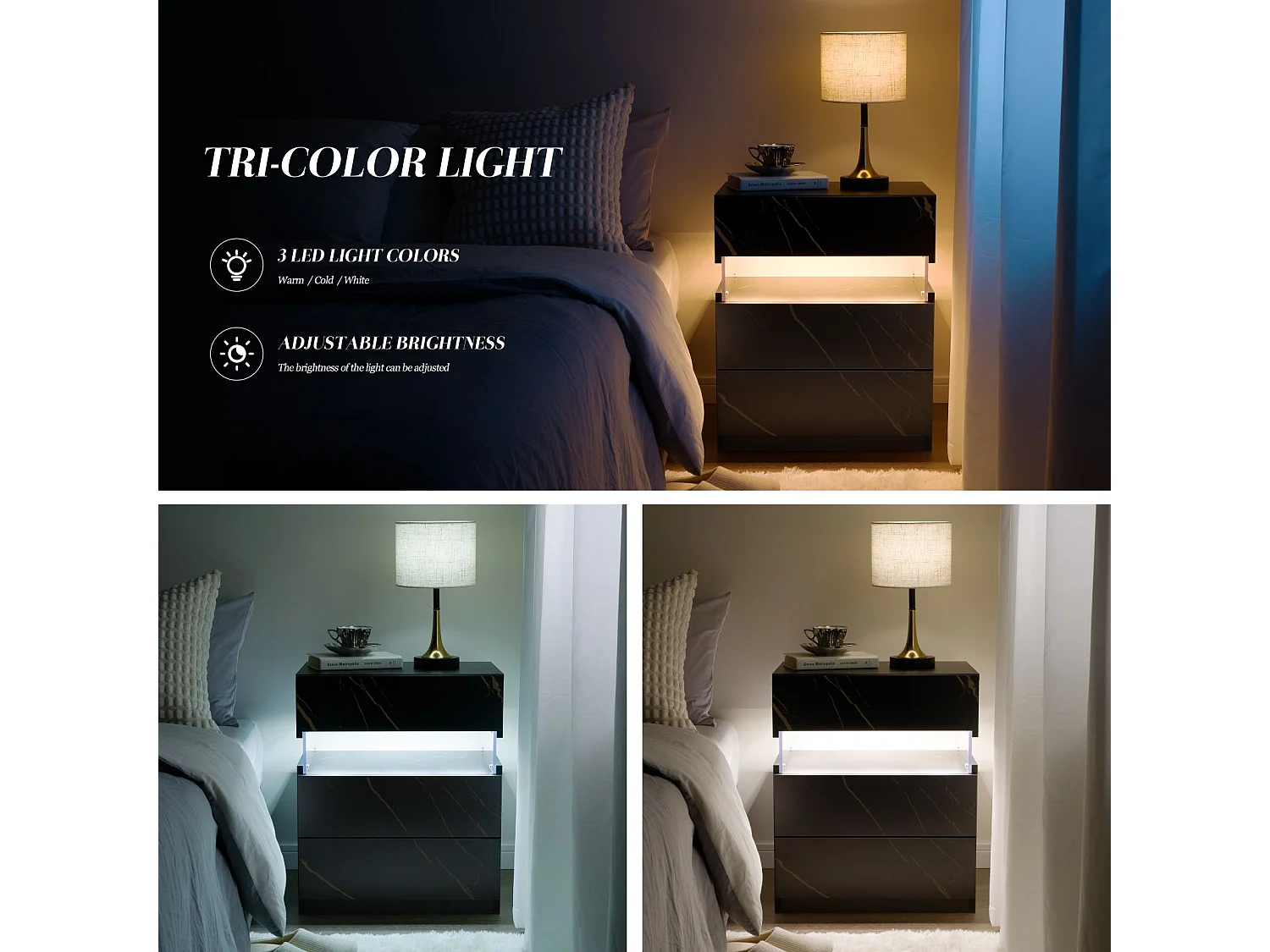 LED nachtkastjes, 3 ladekast voor slaapkamer, bijzettafel met acryl blad, LED nachtkastjes voor slaapkamer, woonkamer, nachtkastje meubels (zwart + goud)