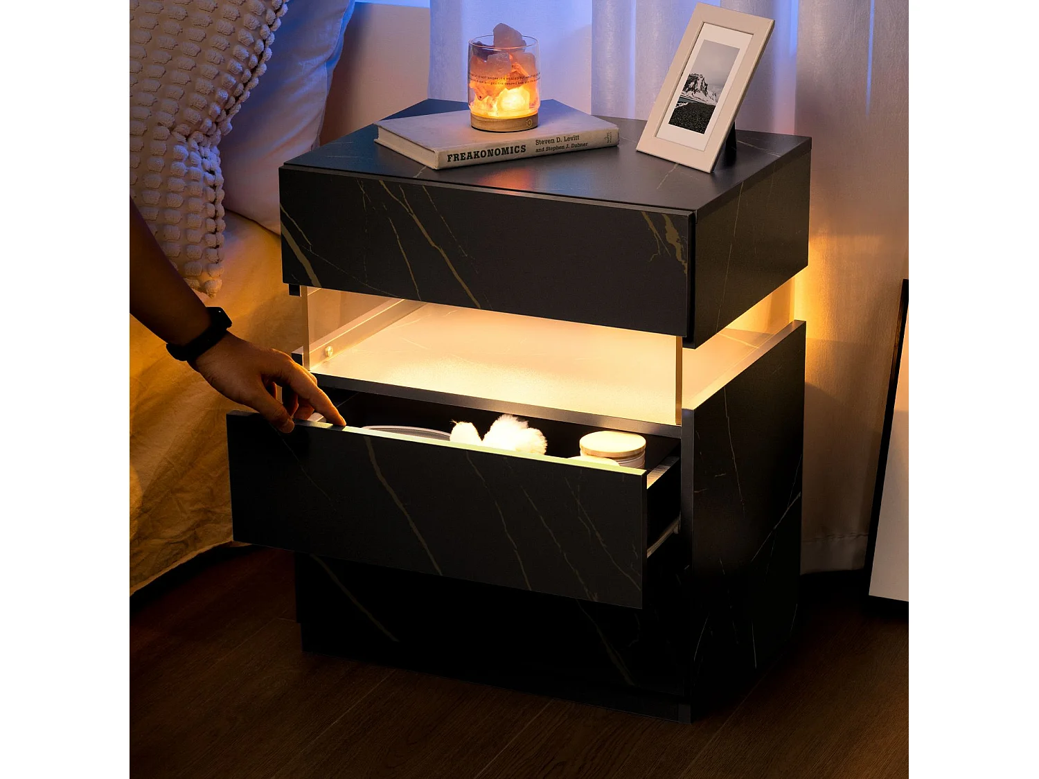 LED nachtkastjes, 3 ladekast voor slaapkamer, bijzettafel met acryl blad, LED nachtkastjes voor slaapkamer, woonkamer, nachtkastje meubels (zwart + goud)