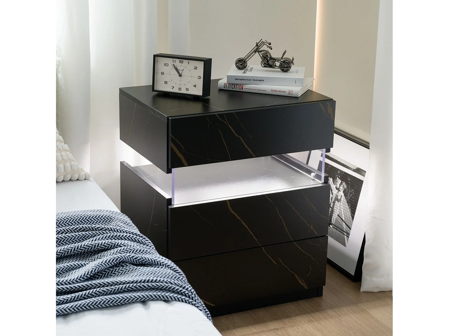 LED nachtkastjes, 3 ladekast voor slaapkamer, bijzettafel met acryl blad, LED nachtkastjes voor slaapkamer, woonkamer, nachtkastje meubels (zwart + goud)