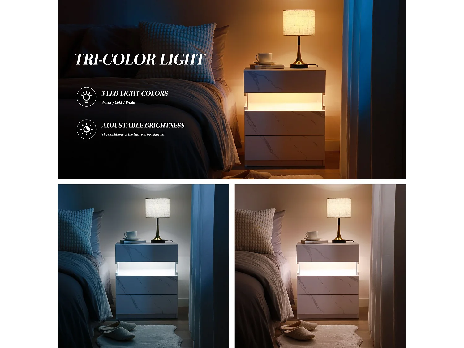 LED nachtkastjes, 3 ladekast voor slaapkamer, bijzettafel met acryl blad, LED nachtkastjes voor slaapkamer, woonkamer, nachtkastje meubels (witte steen)