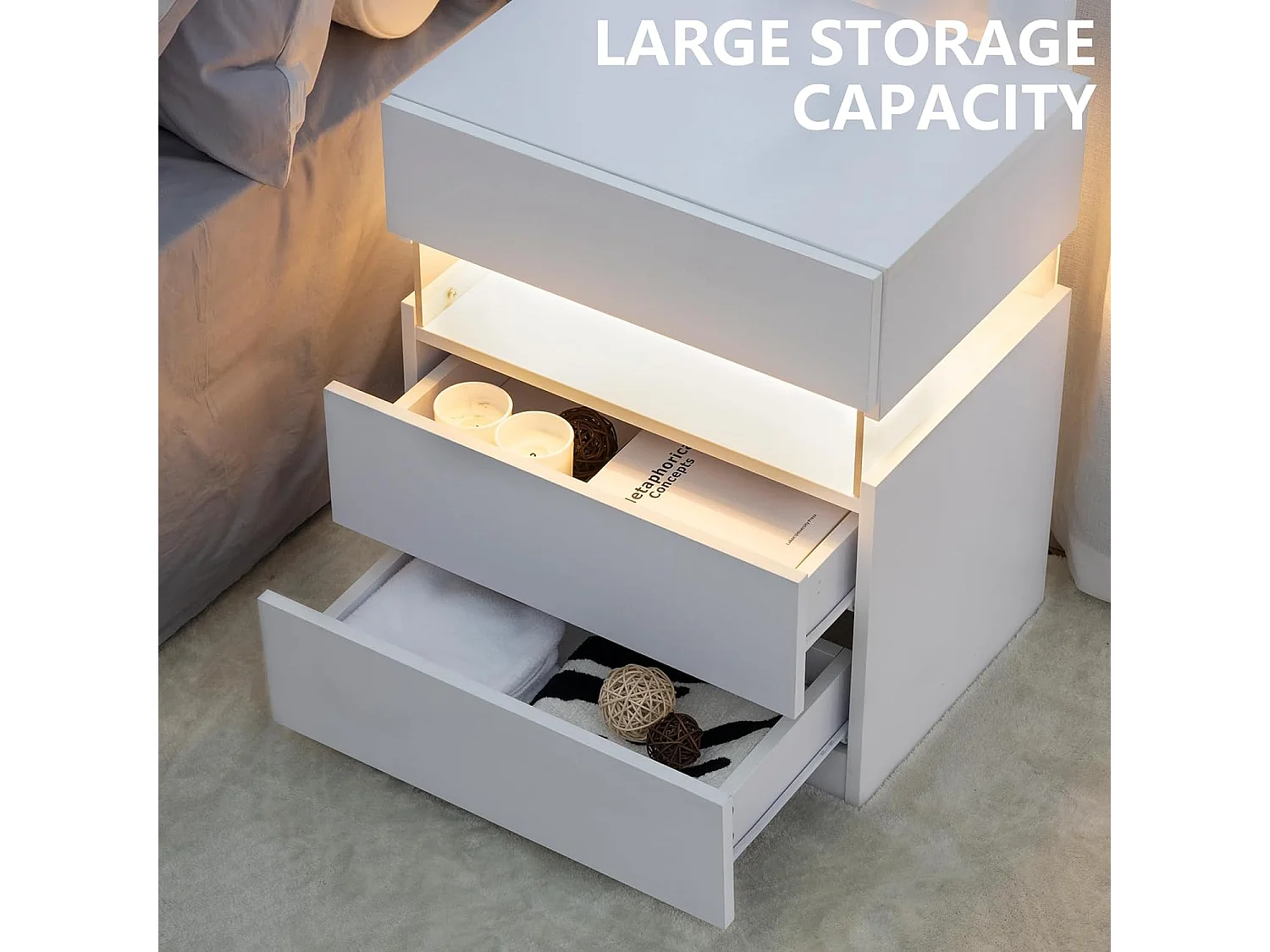 LED-Nachttische, Kommode mit 3 Schubladen für Schlafzimmer, Beistelltisch mit Acrylplatte, LED-Nachttische für Schlafzimmer, Wohnzimmer, Nachttischmöbel (weiß)