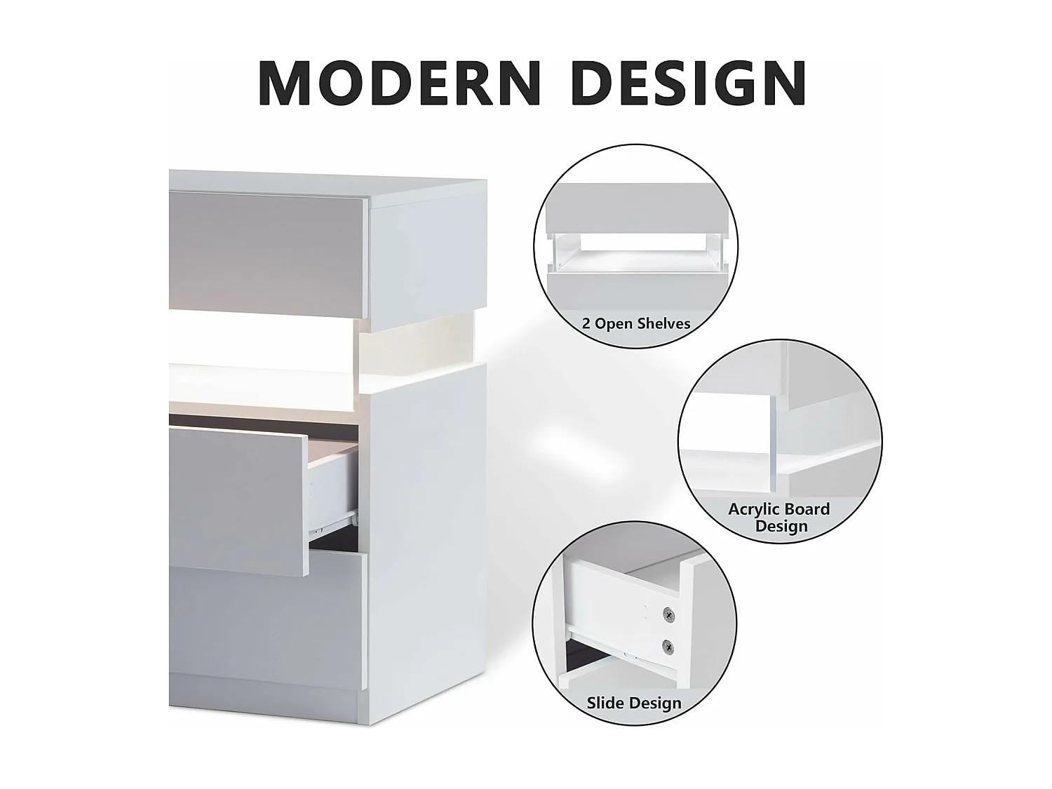 LED-Nachttische, Kommode mit 3 Schubladen für Schlafzimmer, Beistelltisch mit Acrylplatte, LED-Nachttische für Schlafzimmer, Wohnzimmer, Nachttischmöbel (weiß)